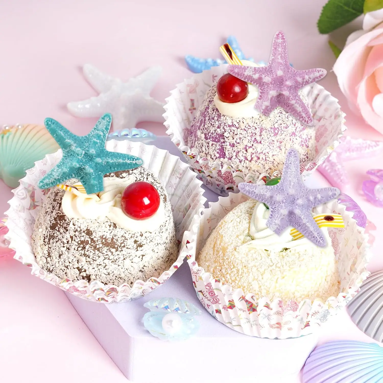 8 Stück Meerjungfrauen-Muscheln-Stern-Kuchendekorationen, Meerjungfrauen-Motiv für Geburtstagskuchen, Babyparty- und Hochzeits-Cupcake-Topper – Detail 6