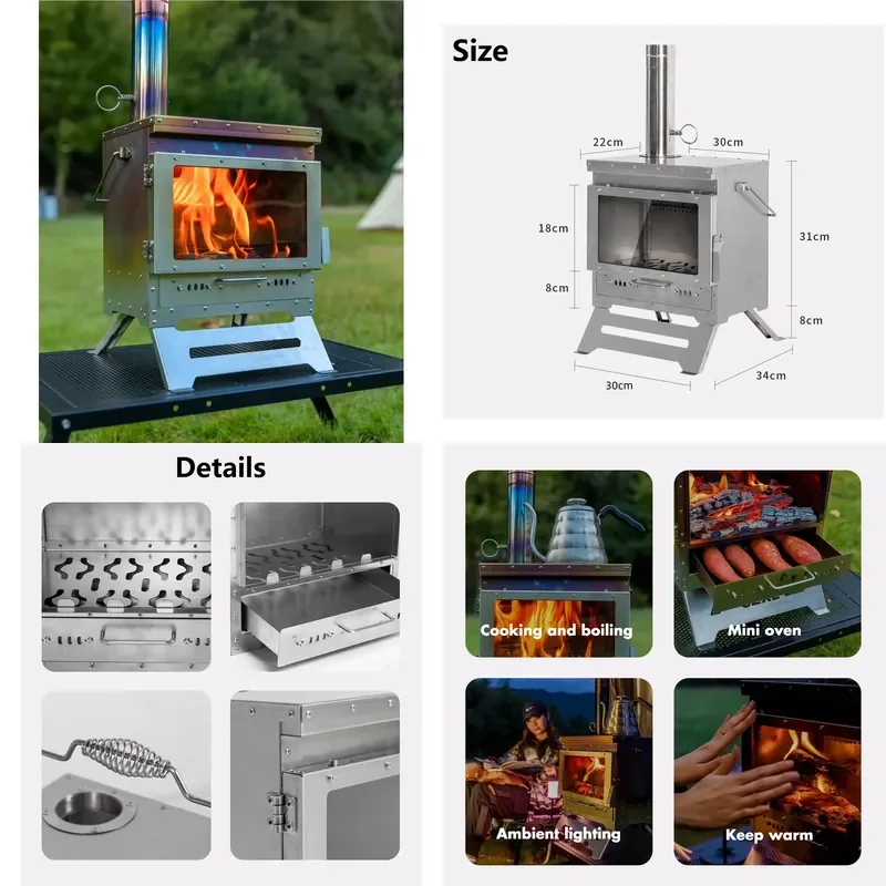 Lightweight Portable Stainless Steel Fireplace Wood-Burning Stoves with Window for Outdoor Camping Hiking Grilling Adventures