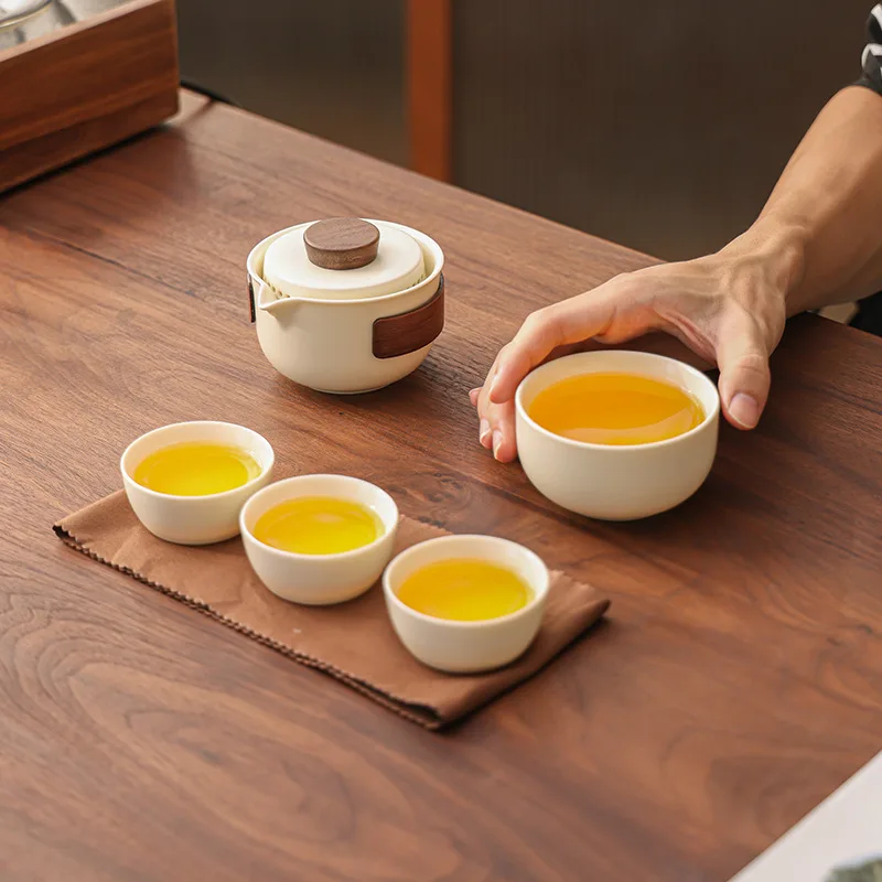 Beige Ru Kiln Quick Cup One Three Cups Travel Set Outdoor Portable Brewing Pot Camping Tea Drinking Equipmen