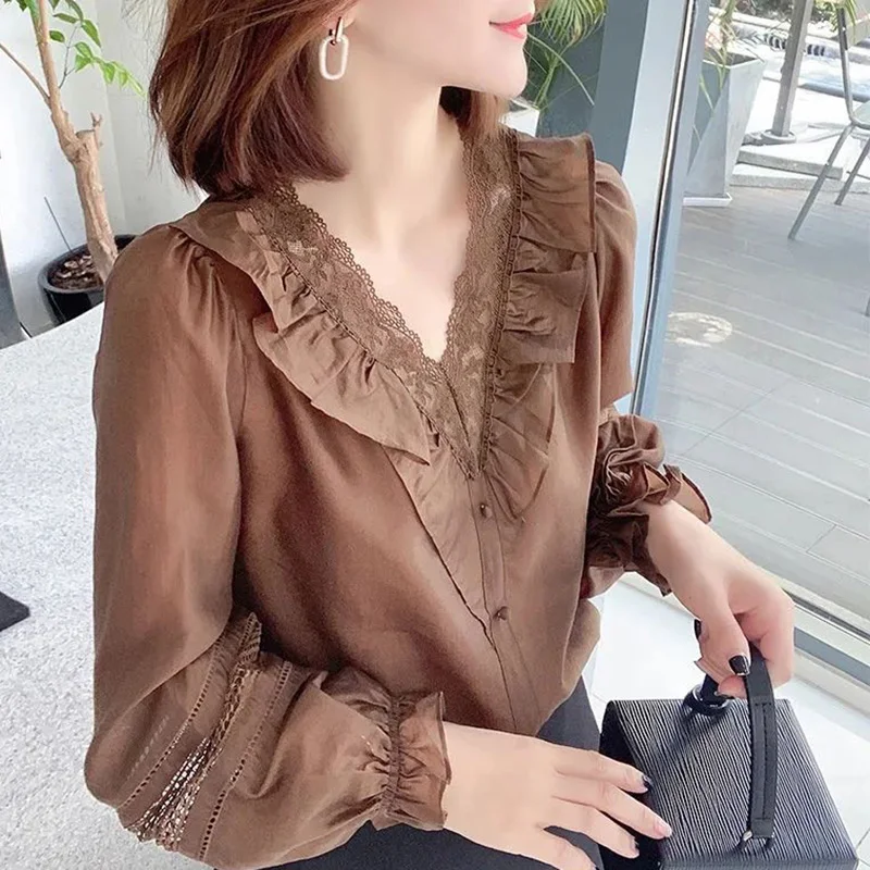 

Elegant Lace Spliced Hollow Out Folds Ruffles Blouse Women's Clothing 2023 Autumn New Casual Pullovers Loose Lantern Sleev Shirt