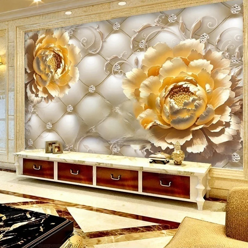 

MU8774 European-style 3D soft-padded diamond jewelry golden peony luxurious background wall Paper