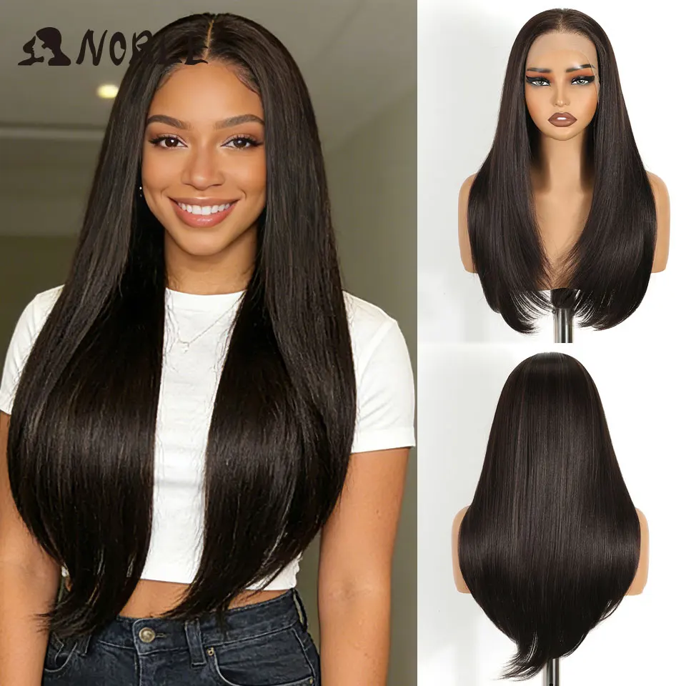 

Синтетический парик Noble 13x6 с кружевной передней частью, 24 дюйма, темно-коричневый, прямой, термостойкий, без клея, горячая распродажа, быстрая доставка для женщин