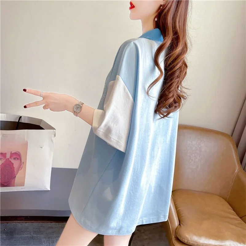 Y2k أزياء الصيف الزي قصيرة الأكمام فضفاضة الرقبة تي شيرت للنساء الكورية نمط الملابس الجديدة الجمالية امرأة زر التي شيرت #1