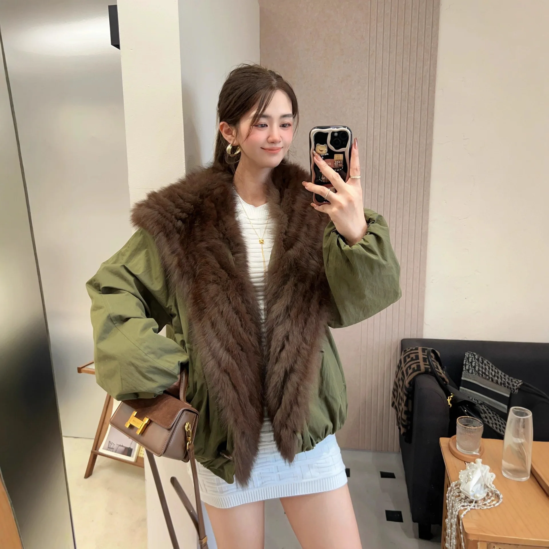 UMI MAO Autumn Winter New Fox Fur Coat Women With Navy Collar And White Duck Down Liner Parka Overcoat Femme