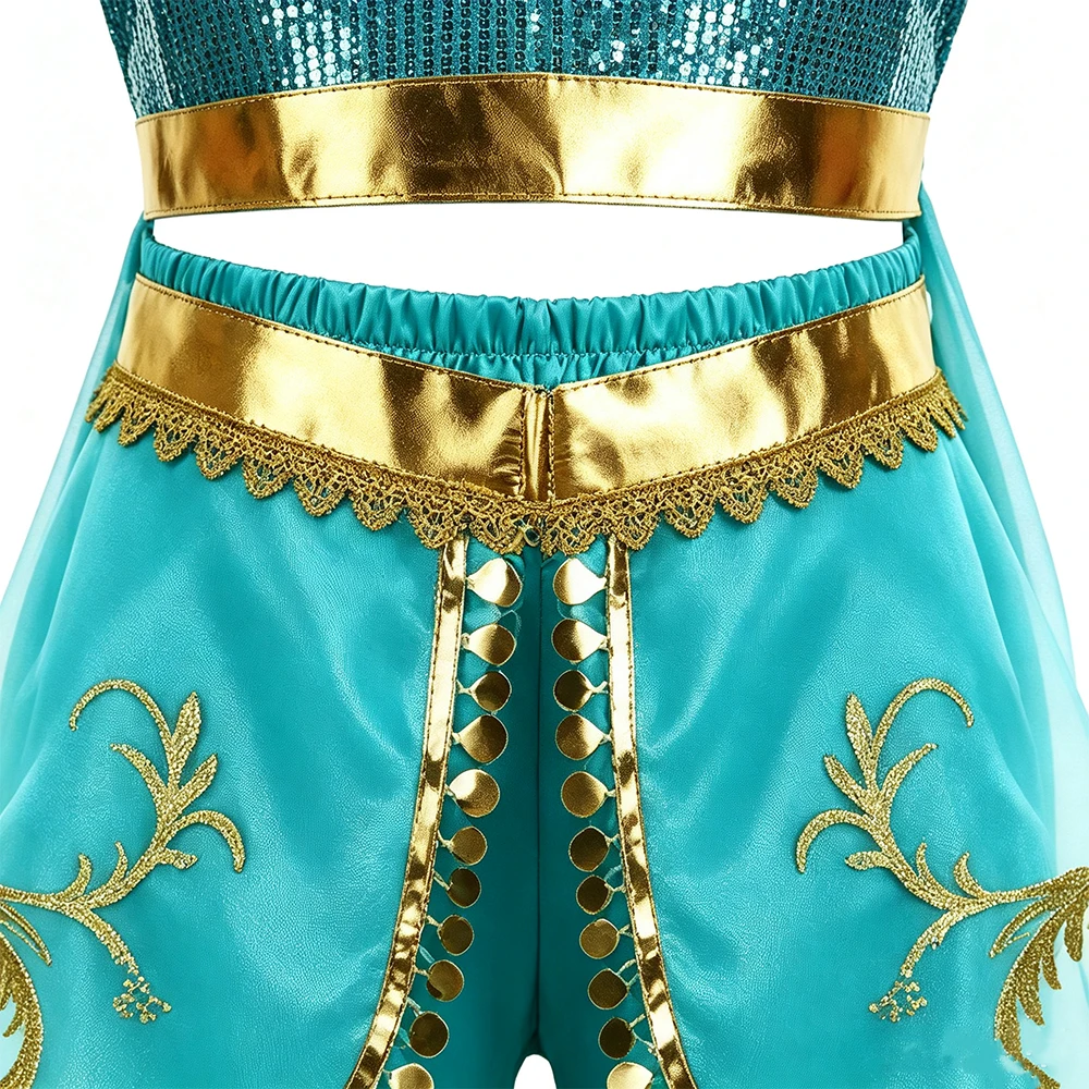 Jasmine Blue Dress Up Set Leichtes Aladdin-Kostüm mit Halskette, Ohrringen und Kopfschmuck für Kinder, Halloween, Karneval, Cosplay – Detail 6