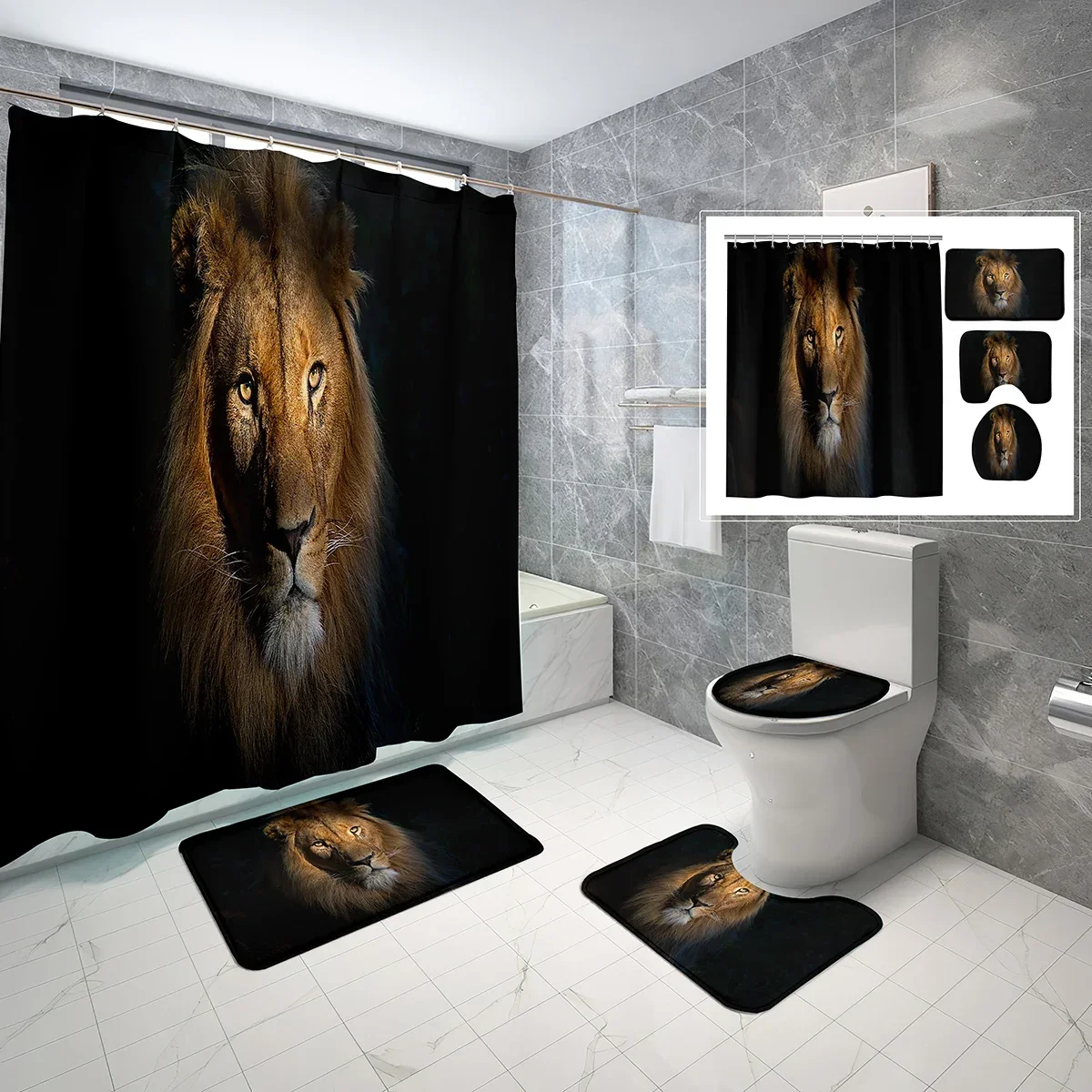 4 Pcs Lion Shower Curtain Set Dark Huge Lion Head Shower Curtain Bathroom Non-Slip Bath Mat Toilet Cover Shower Curtain Set