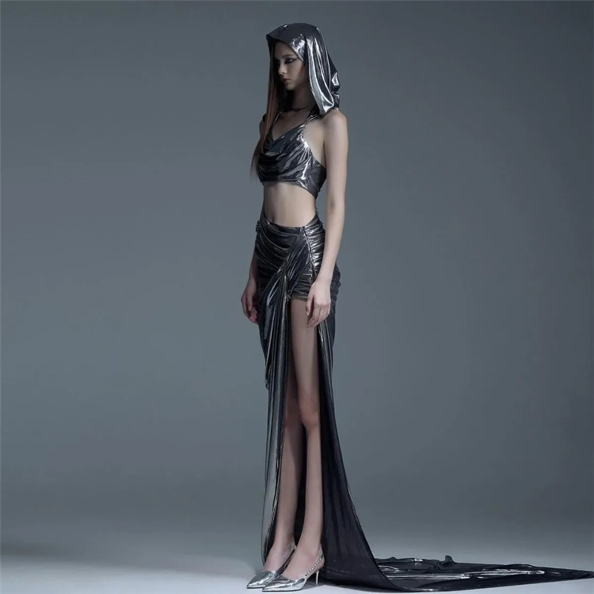 KWTX デザイナー ヴィンテージ エレガント クリスマス パーティー ドレスセット フード付き ホルターベスト ミディスカート スリムフィット ストリートウェア 春夏ファッション