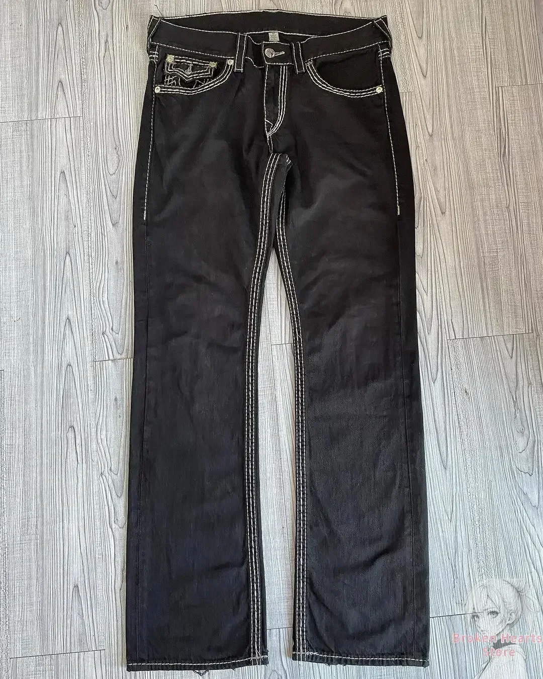 Vintage gótico moda bordado calças jeans bonito y2k perna reta perna larga jeans hip hop rua lazer roupas masculinas y2k