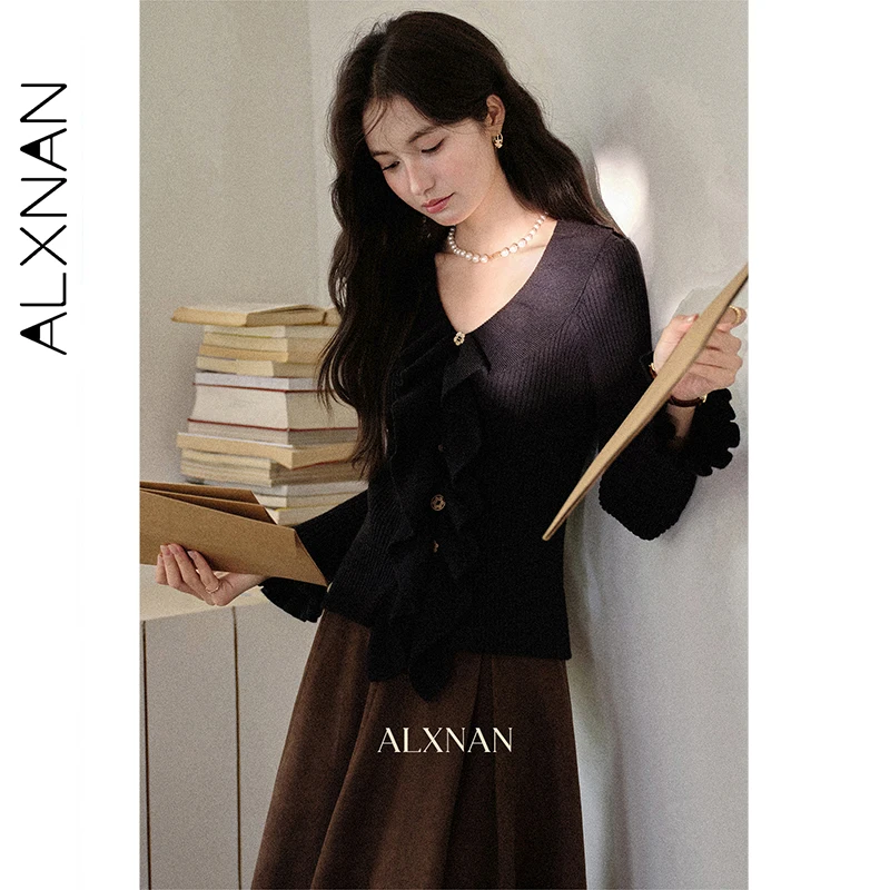 

ALXNAN Black Pullovers Women V-neck Ruffled Chic Metal Flower Buttons Sweater Autumn Slim-fit Long Sleeve Knitted Tops L57006