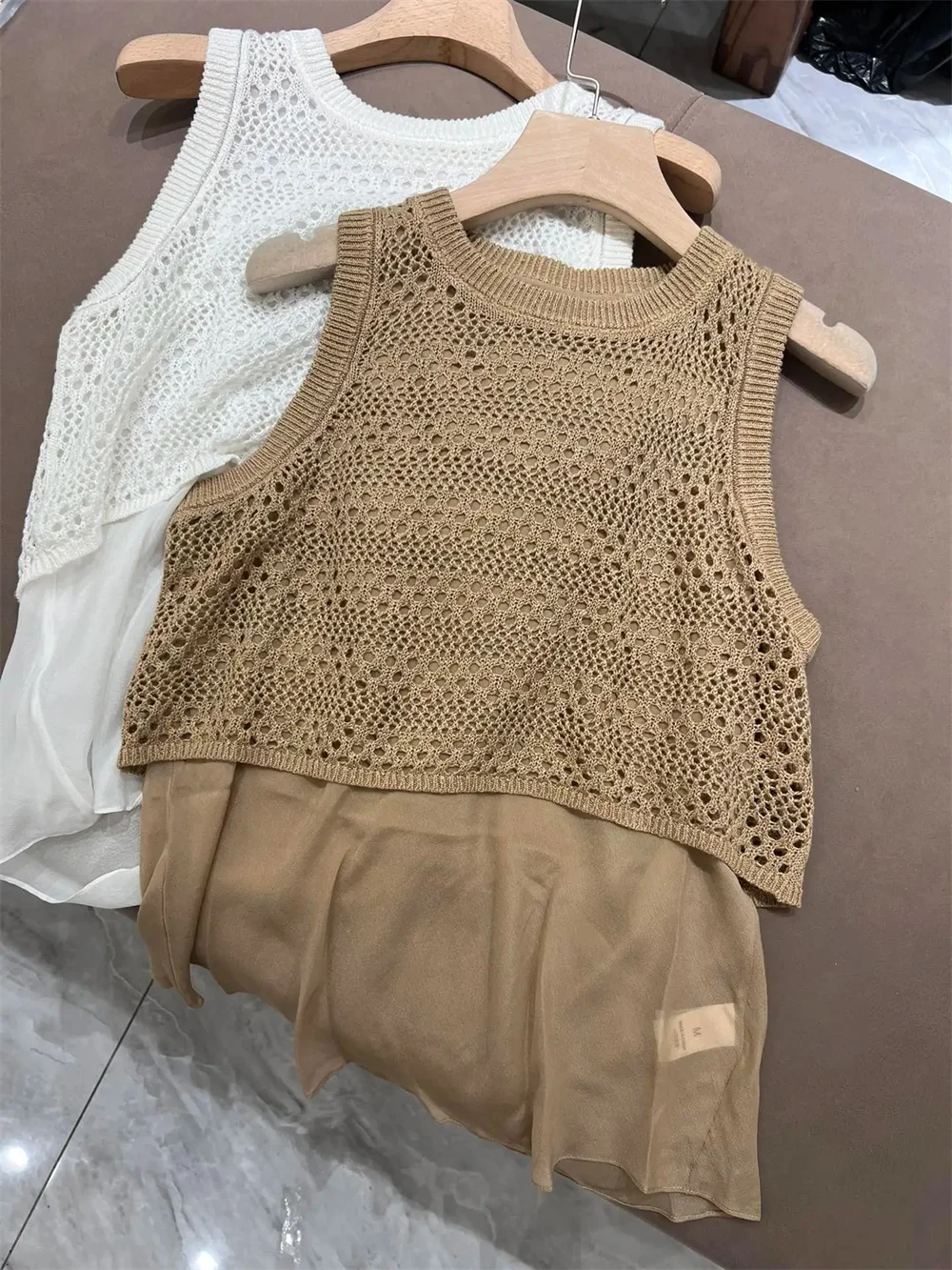 Women's Beaded 100 Linen Openwork Vest Stylish Versatile Top