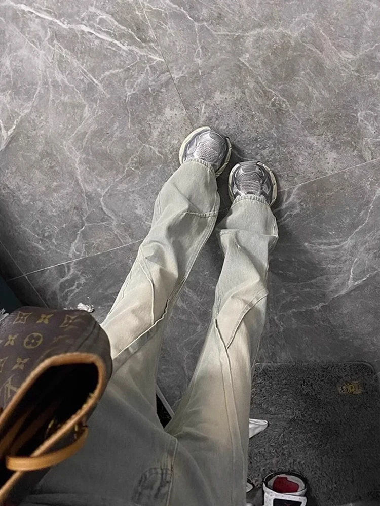 

Waed Patchwork Men's Jeans American High Street Vibe Vintage Yellow Mud Color Straight Leg Micro Flare Long Trousers