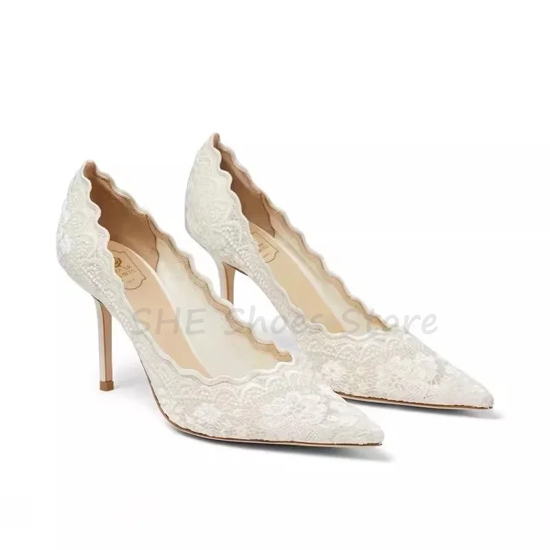 White Embroidered Lace Wedding Bride Shoes Pointed Toe Thin Heel Shallow Pumps for Women Ladies Summer Breathable Sandals