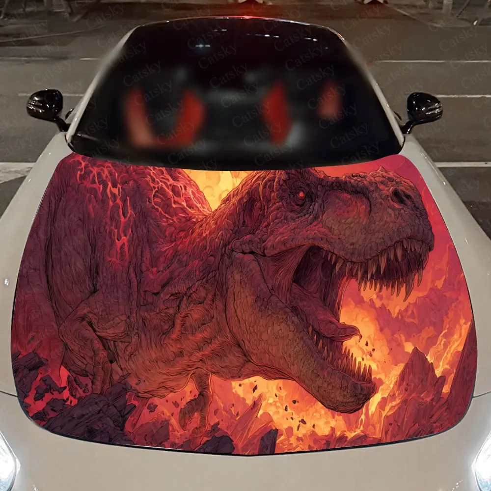 Flaming Dinosaur Auto Cover Sticker, Waterdichte en zelfklevende Auto Hood Decal, Auto Vinyl Wraps, Cool Car Exterior Decal, Ho