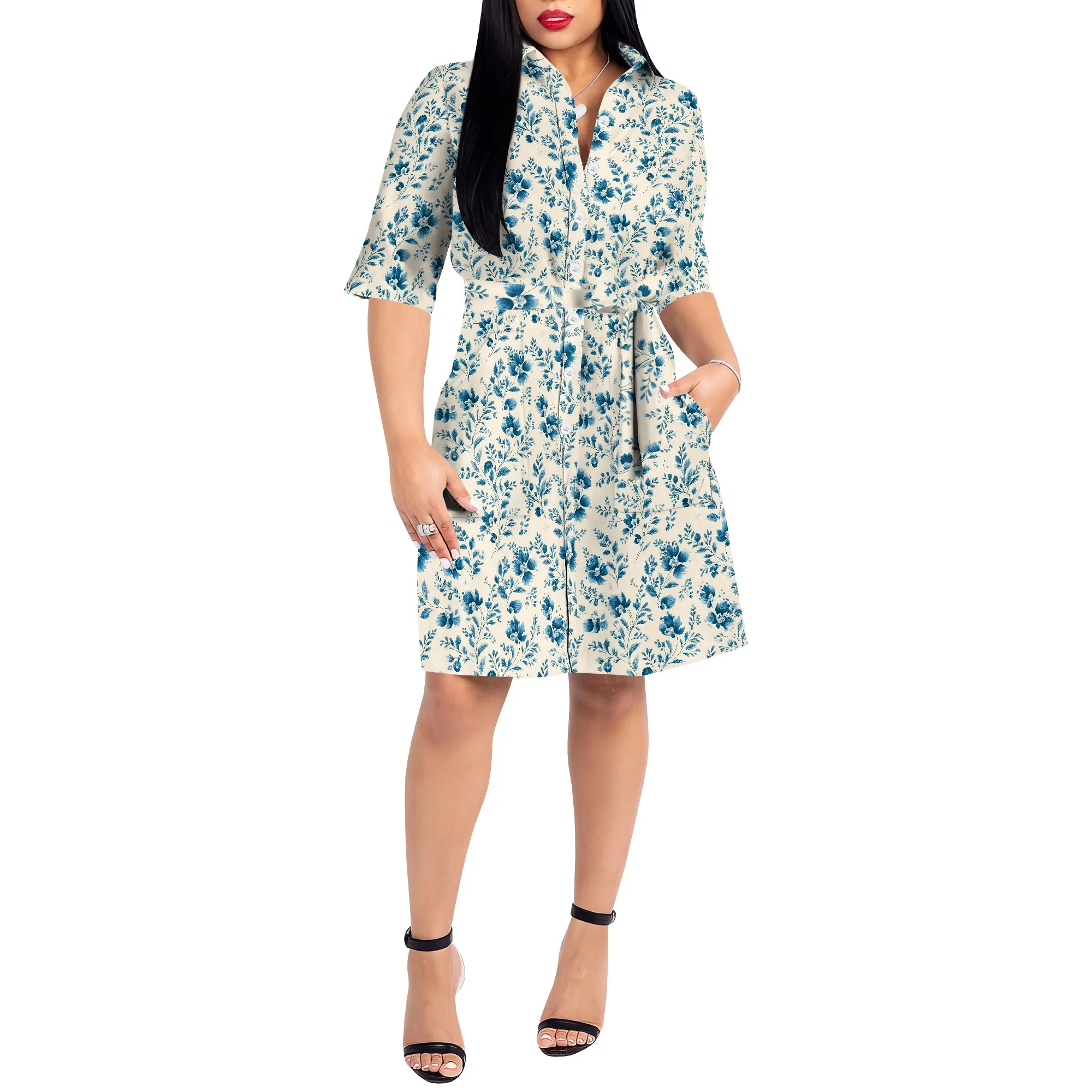 Dames overhemdjurk met knopen, V-hals, bloemenprint, mini-jurk met korte mouwen, casual korte feestjurk met riem en zak
