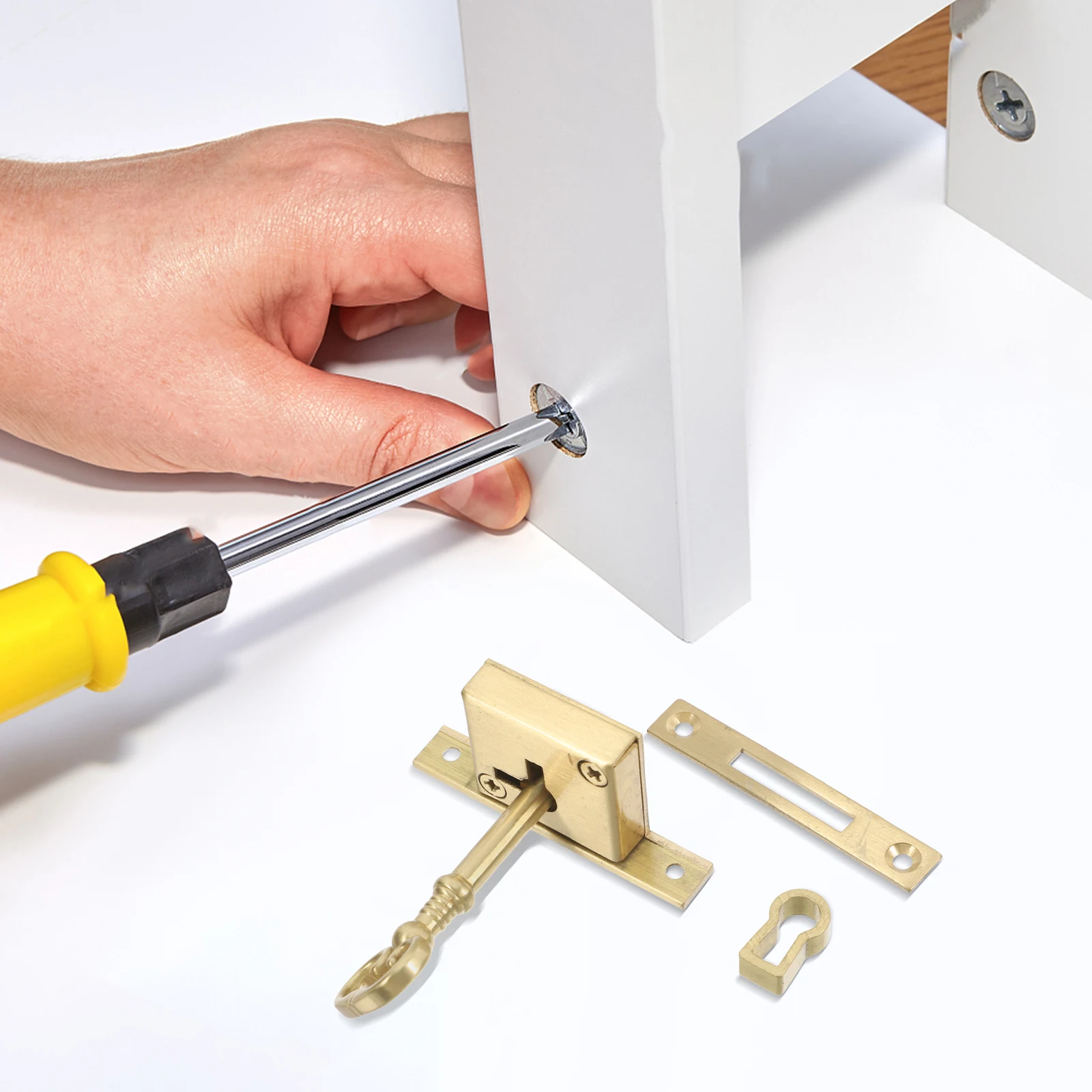 

1Set Vintage Cabinet Door Lock Key Dresser Drawer Security Kitchen Cupboard Brass Easy Installation Elegant Design