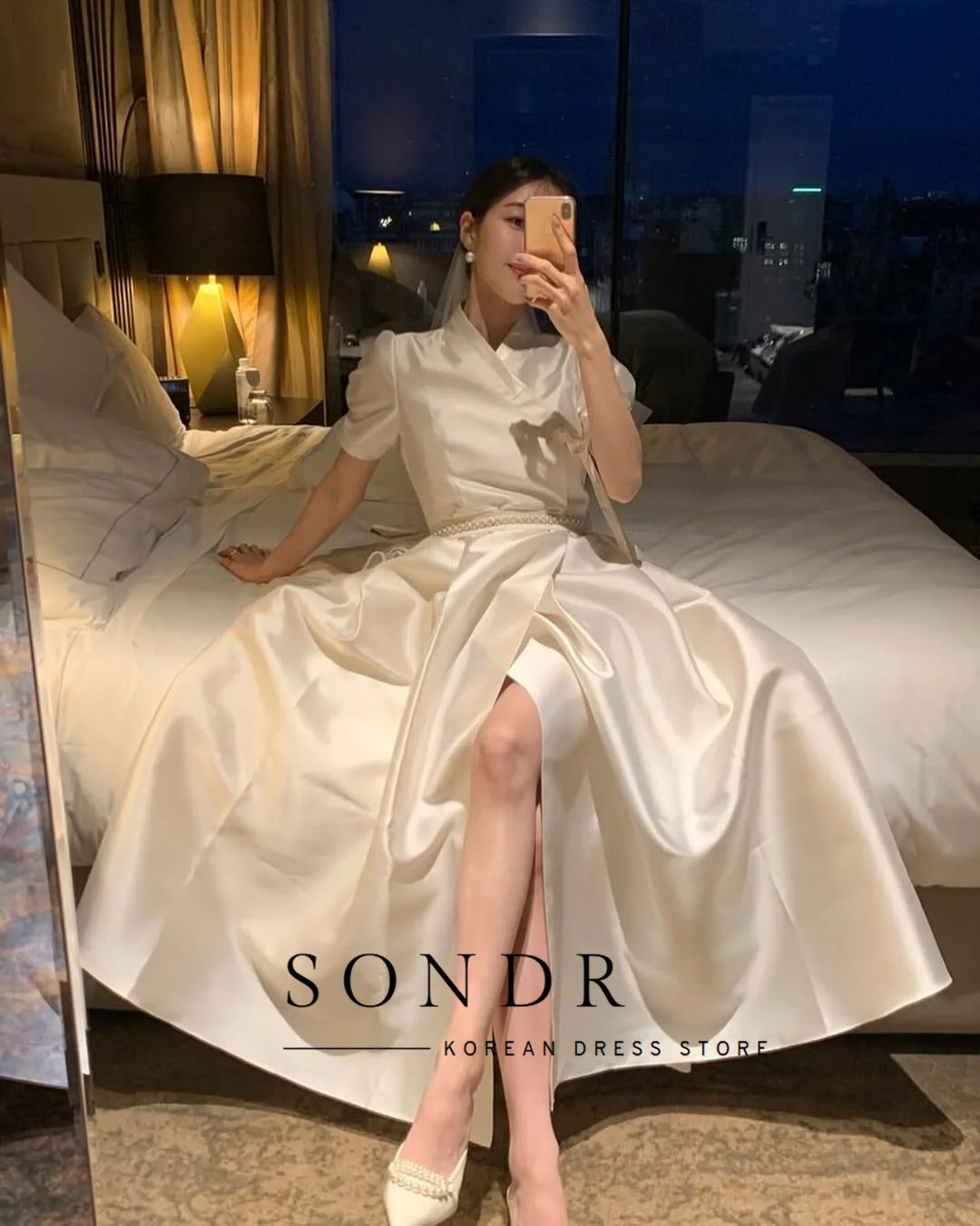 Sondr Abiti da sposa coreani eleganti a-line personalizzati Hanbok Raso di seta maniche corte Abiti da sposa moderni nne Anelli