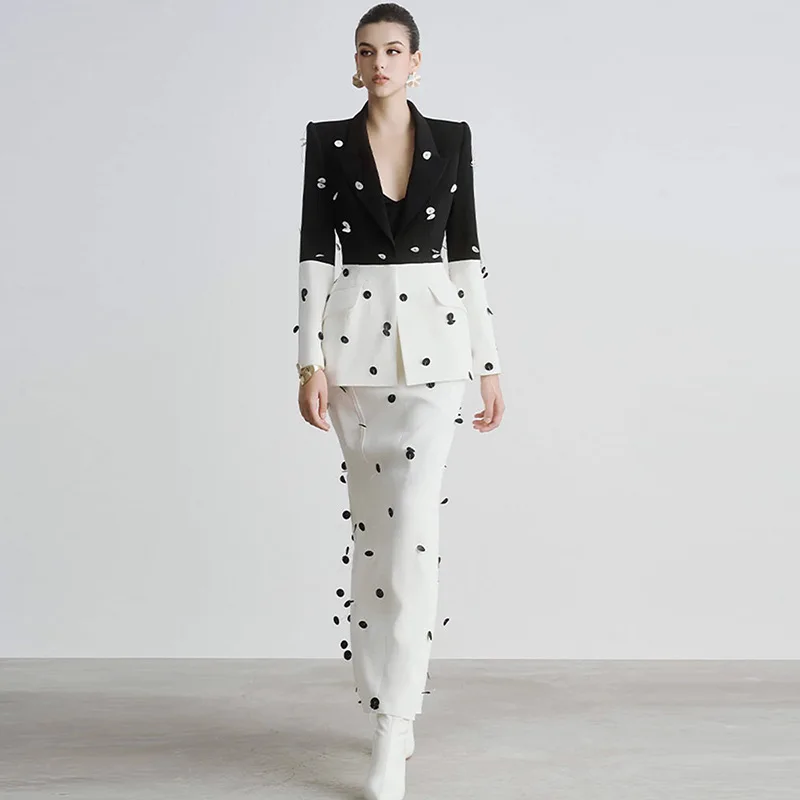 Women's 2024 New Fashion Feminine Sequin Bead Long Sleeve Suit Jacket Fishtail Solid Color Long Skirt Chic Women's Skirt Sets