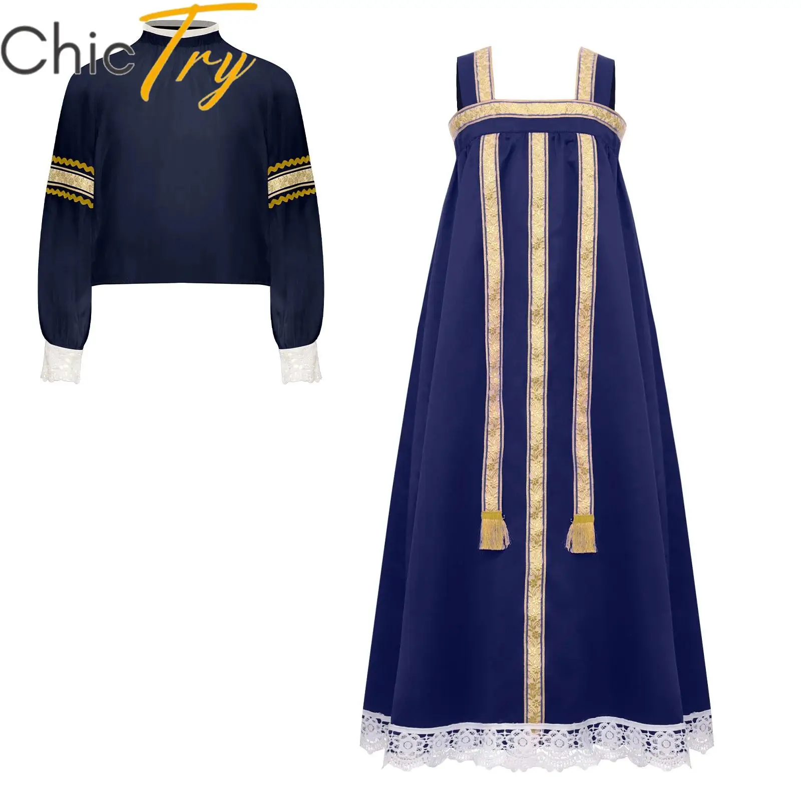 

Childrens Russian Traditional Costume Halloween Cosplay Dress Girls Long Sleeves Flower Embroidery Cami Maxi Carnival Dress Up