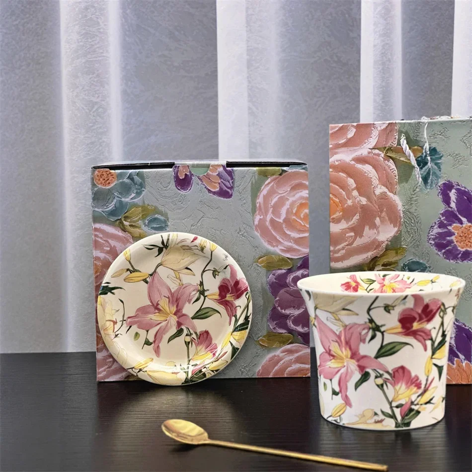 Flourishing Floral Ceramic Mug With Lid Vintage Office Home Tea Cup Ceramic Coffee Mug Birthday Gift And Souvenir Gift Box Set