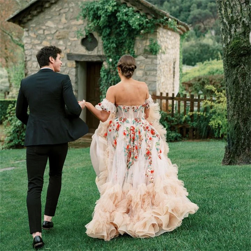 Robe de mariée A-ligne en tulle avec voile pour femme, appliques de fleurs, volants en dentelle, robe de mariée personnalisée, unique, hors initié, 12970 #