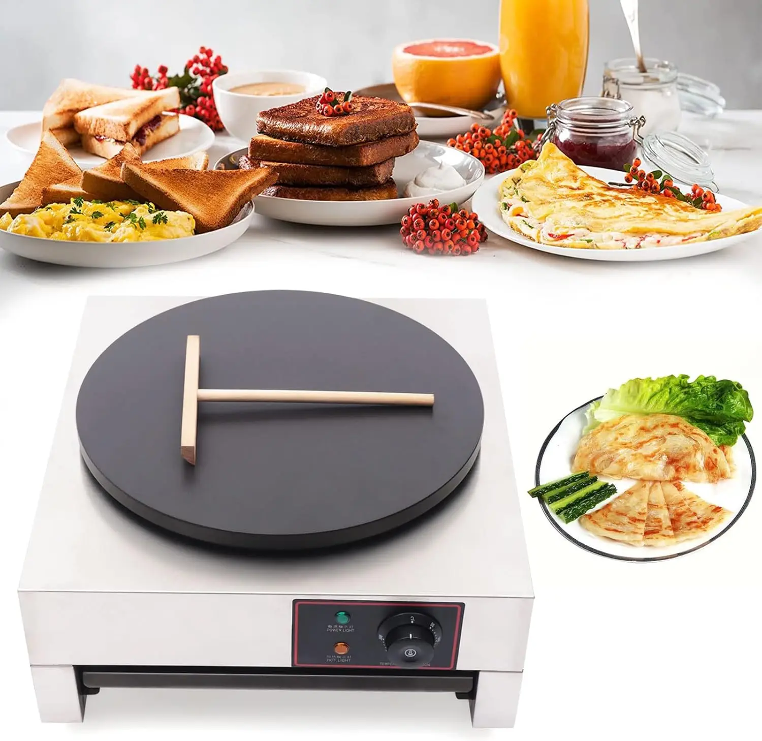 Commercial 16-Inch Electric Crepe Maker with A Drawer Type Warmer,Nonstick Crepe Pan Single Hotplate with Adjustable Temper