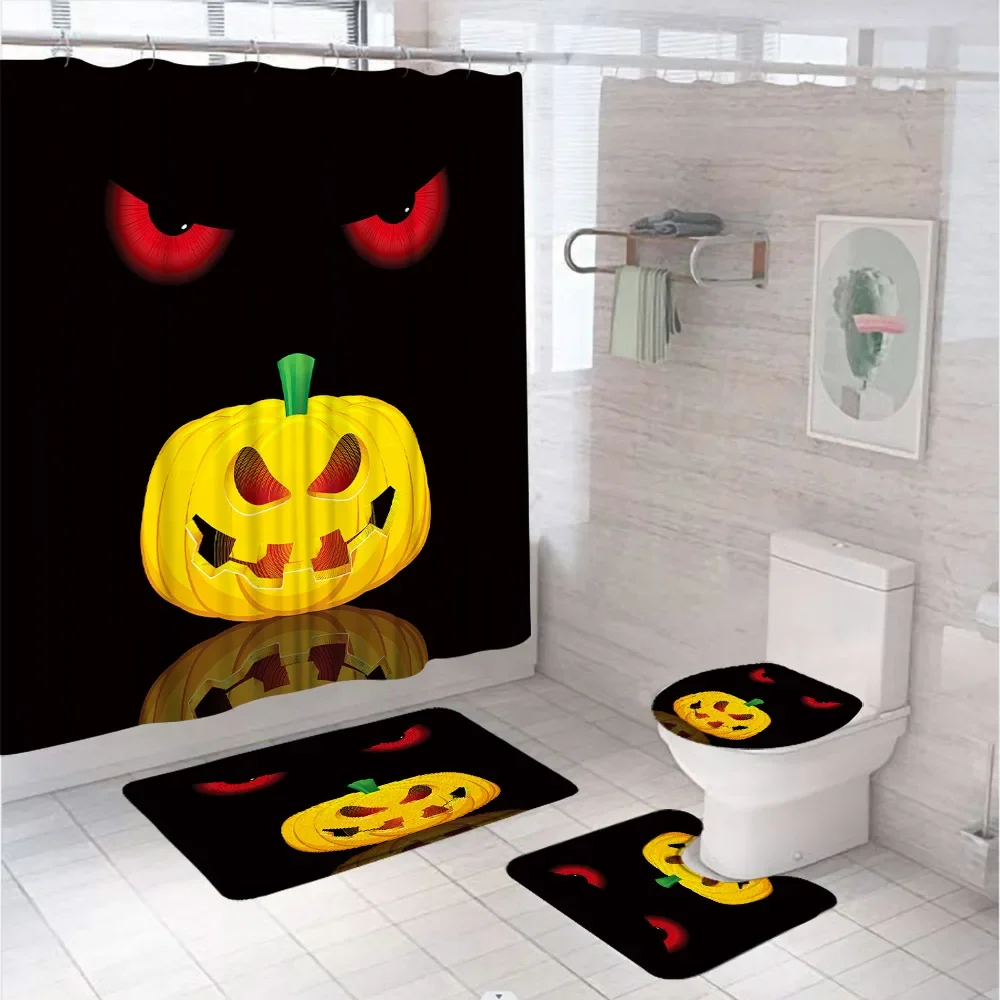 4Pcs Funny Pumpkin Fox Eyes Shower Curtains Sets Cartoon Halloween Bathroom Decor Non-Slip Bath Mat Rug Carpet Toilet Lid Cover