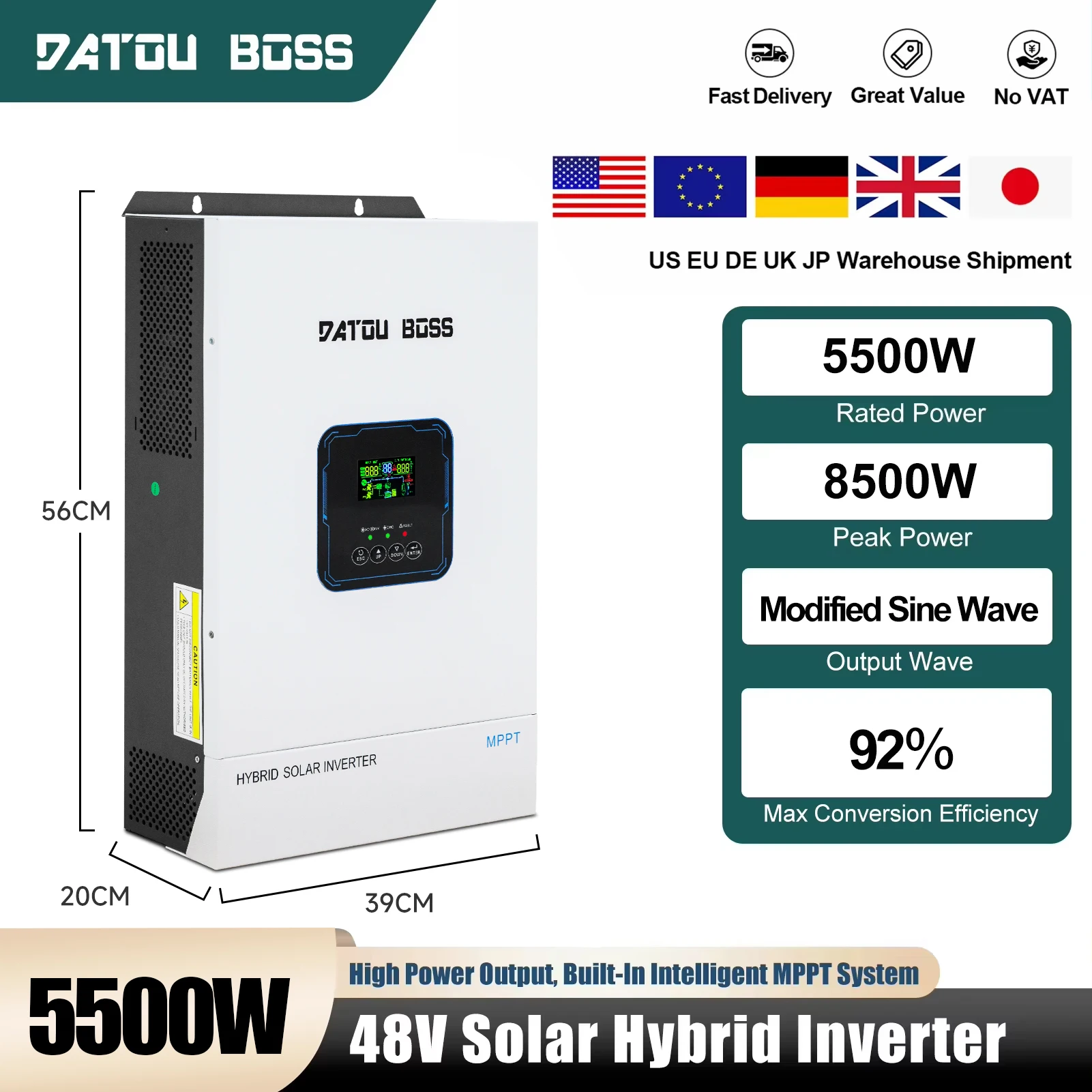 DATOUBOSS 48V 8500W MPPT Hybrid Solar Inverter Pure Sine Wave 110/120V US Standard Off-Grid PV Energy Storage for Home
