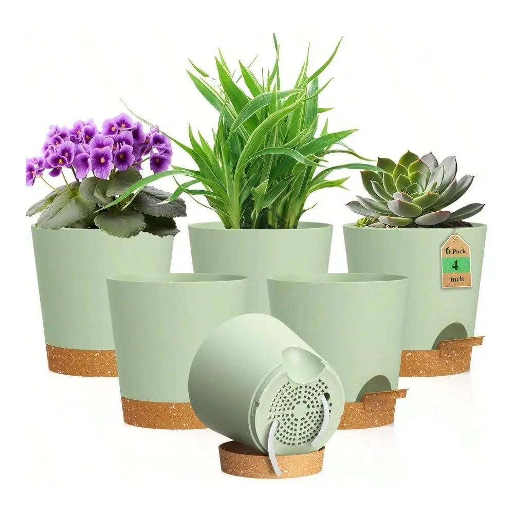 4 Inch Self Watering Pots For Indoor Outdoor Plants 6 Pack Plastic Flower Planters With Drainage Holes And Removable Saucers Pl