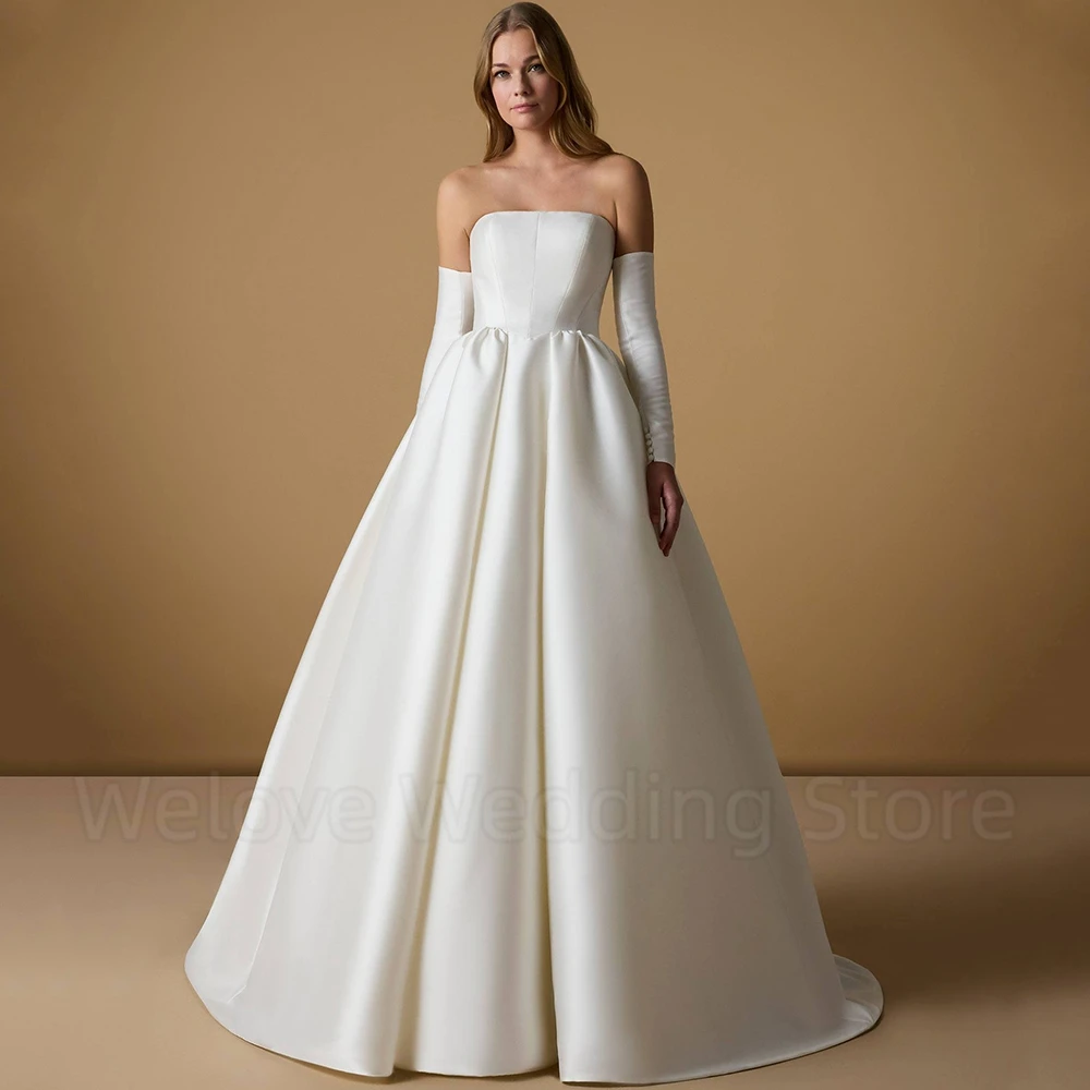 Simple Wedding Dress Strapless Satin A-Line Floor Length Bride Draped Classic Open Back with Detachable Long Sleeves Gowns