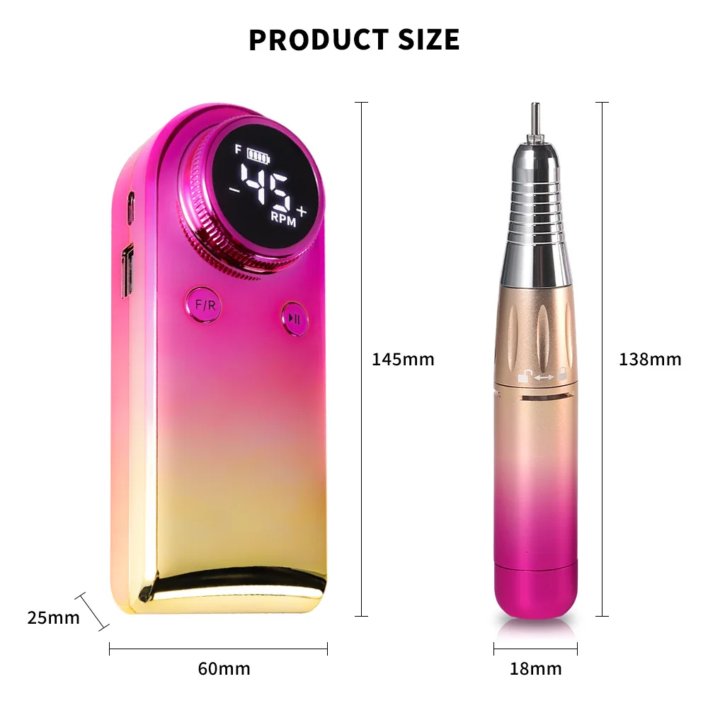 45000RPM Electric Nail Drill Portable Cordless Nail File Gel Nail Removal Pedicure Polisher with LCD Display
