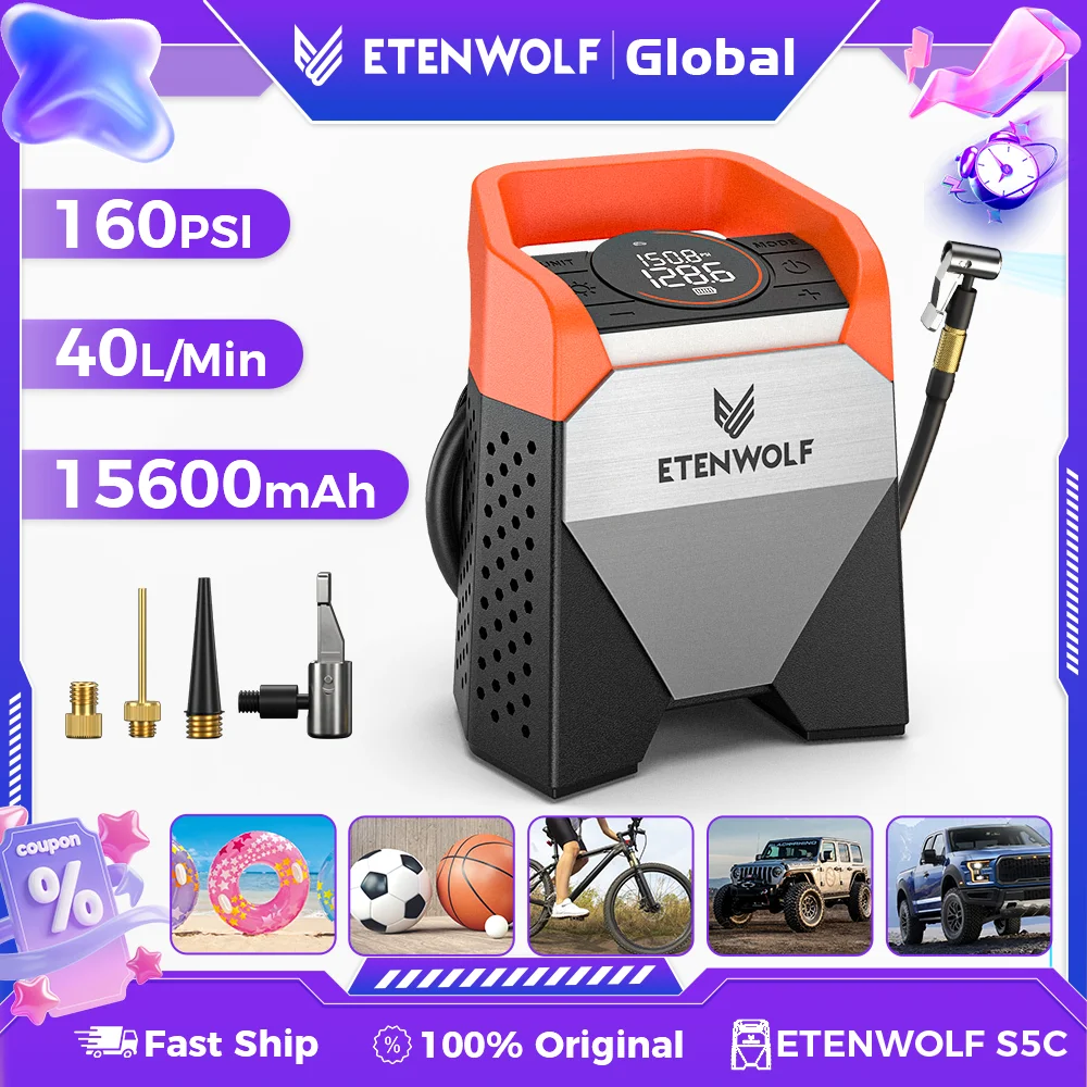 ETENWOLF ZEPHYR S5C Inflador de pneus sem fio 100% Compressor de carro de ciclo de trabalho 160PSI e 15600mAh para captador de pneus de carro SUV