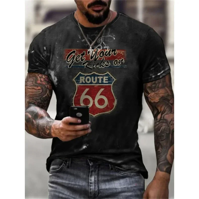 California Retro Fashion Route 66 Motorcycle 3D Printed Men\'s T-shirt Fashion Extra Large Round Neck T-shirt Street Clothing