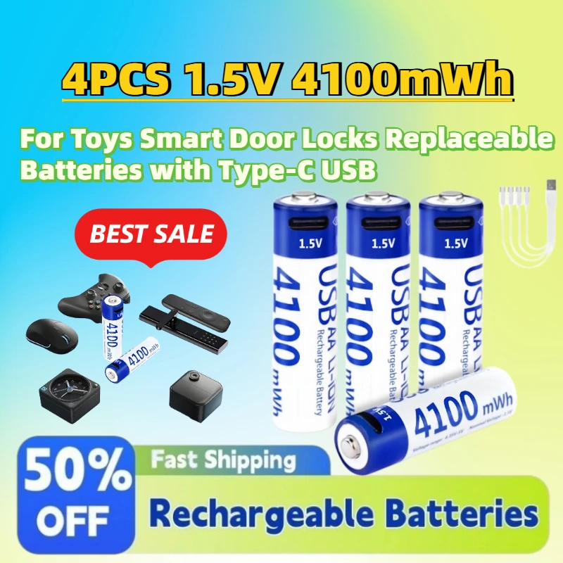 Upgrade 1.5V 4100mWh Replacement Lithium Battery Suitable for Toys Smart Door Locks Replaceable Batteries with Type-C USB