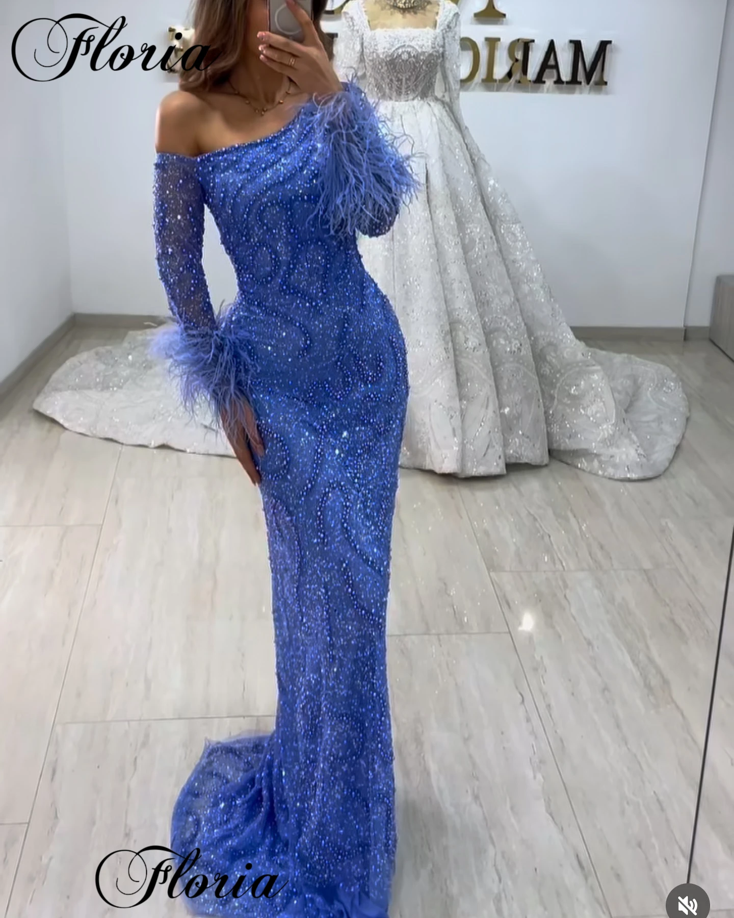 Royal Blue Beaded Evening Dresses Mermaid One Shoulder Cocktail Dresses With Long Sleeves Vestidos Para Mujer Wedding Party Gown