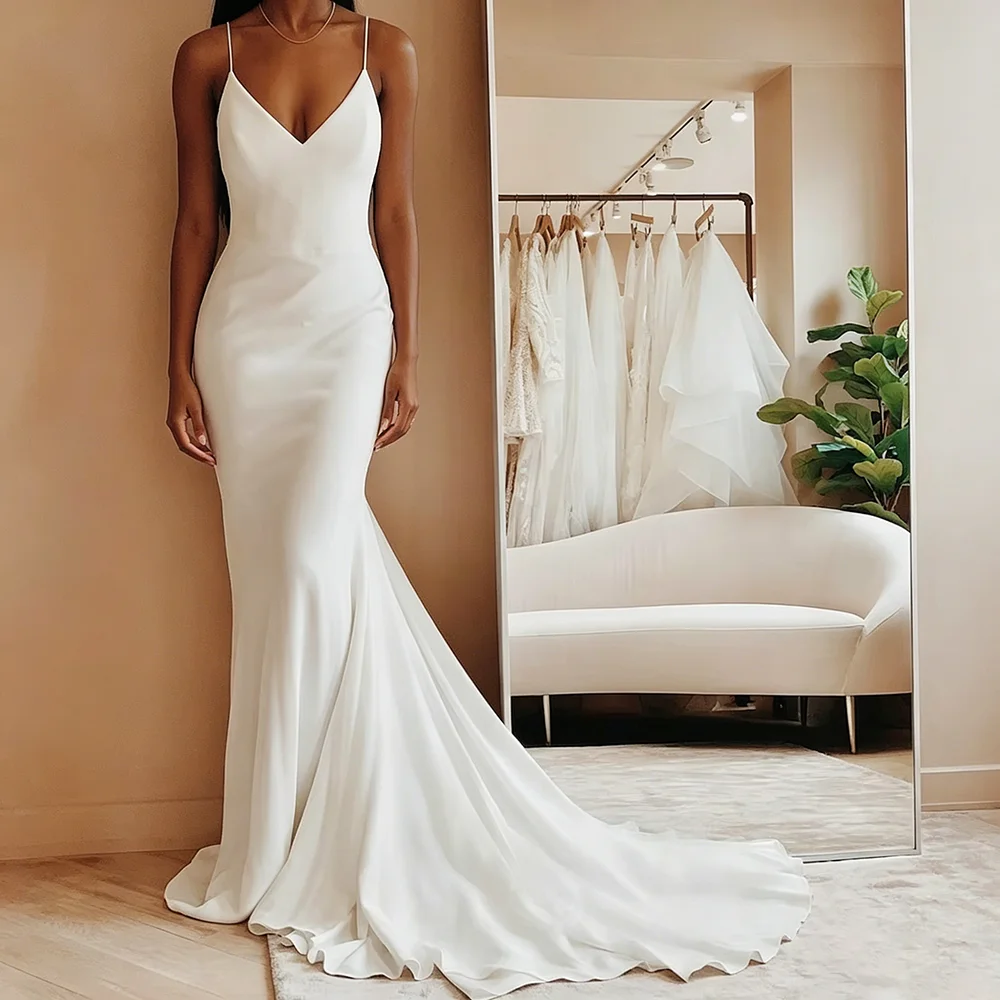 Vestido de novia de satén Simple moderno personalizado con cuello en V tirantes finos sin espalda Formal plisado vestidos de novia tren de barrido