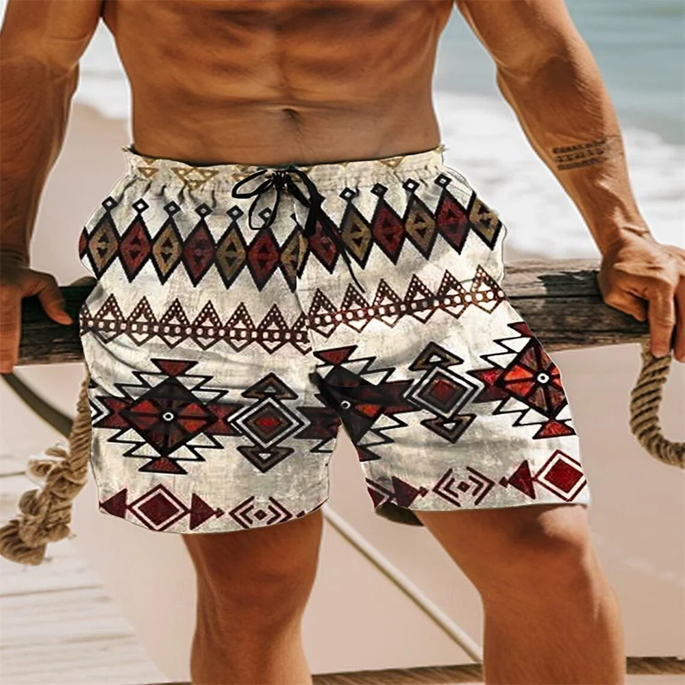 2024 new summer men's beach pants geometric print personality fashion casual outdoor fitness quick drying breathable shorts