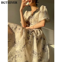 BGTEEVER Vintage O-neck Single-breasted Ladies Printed Dress Summer Puff Sleeve Slim Women A-line Dress Vestidos femme