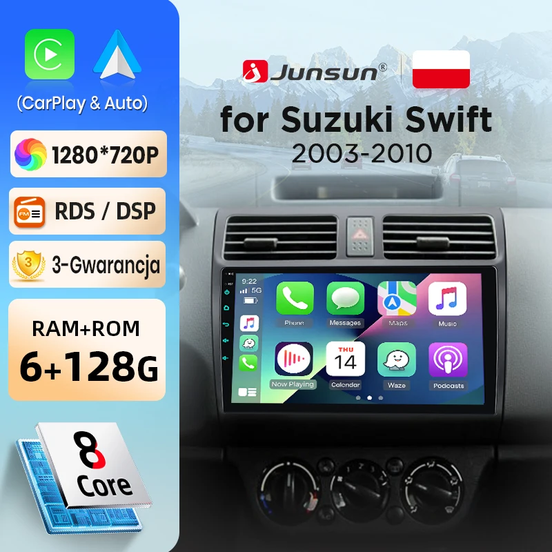 Autoradio Junsun sans fil CarPlay Android Auto pour Suzuki Swift 2003-2010, systèmes intelligents DSP SWC RDS GPS FM BT