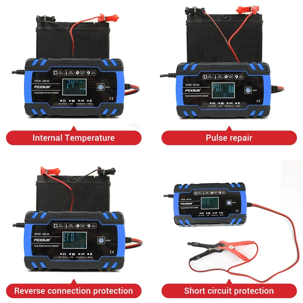 Imagem -05 - Carregador de Bateria de Carro de Motocicleta 12v 8a 24v 4a Início Automático Reparo de Pulso Carregador Lcd Smart Car Bateria Agm Gel Chumbo-ácido Wet