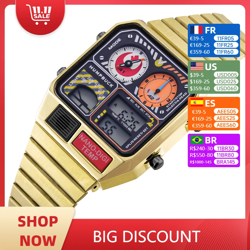 HUMPBUCK Men's Watches Square Shape Dial Fashion Creative Design Waterproof Sport Watches with Date Display and LED Display