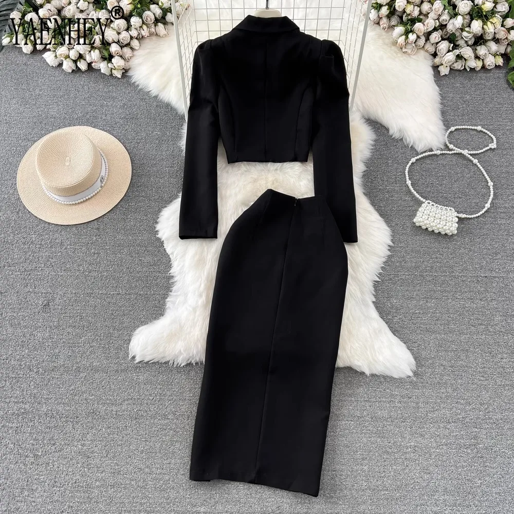 Sexy 2 Piece Outfit Short Set Women Korean Fashion Elegant Ladies Clothes Cropped Suit Blazer Coat High Waist Slit Skirt Autumn