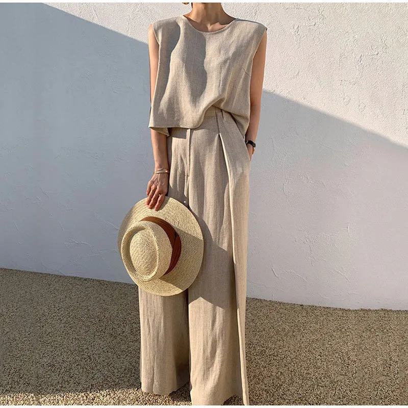 2024 5XL Women Casual Loose Cotton Linen Suits Summer Sleeveless Tank Top Wide Leg Pants Two Piece Sets Female Plus Size 4XL 3XL