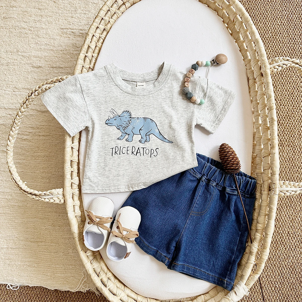 Baby Boy Clothes Set Dinosaur Print Cotton Short Sleeved T-shirt +Denim Shorts Girls Clothes 0-3Years Children Summer Suit