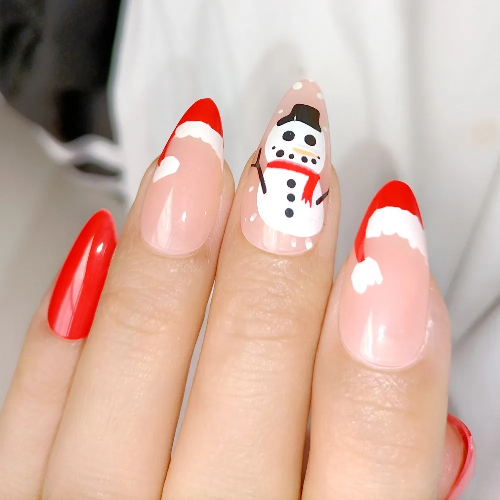 

Christmas Red Press On Fake Nails With Glue Sticker Glossy Short Stiletto Fingertips DIY Manicure Accessory False Nails