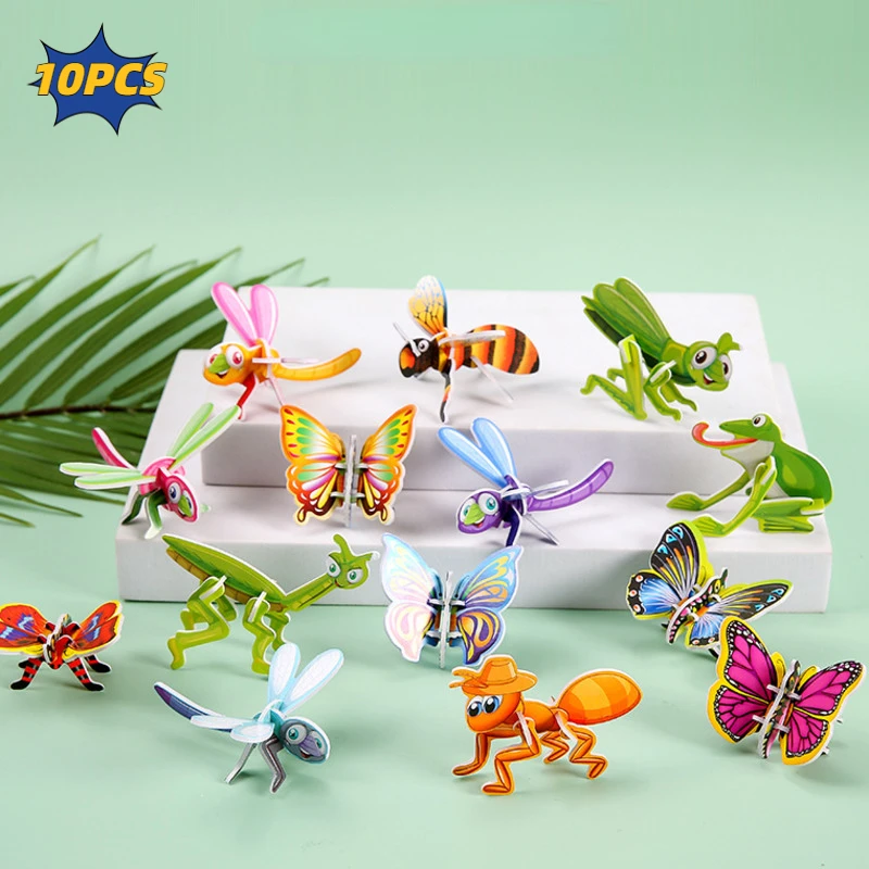 10PCS Animal 3D Puzzle Kids DIY Craft Origami Handmade Educational Toys Montessori Insect Dinosaur Math Learning Handcraft Gift