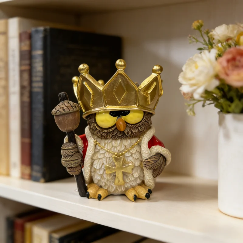 King Owl Resin Statue, Crown & Scepter Owl Figurine, Retro Style Home Decor view 3