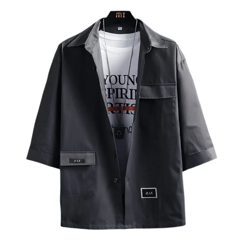 

2026 New Men 7-quarter Sleeve Shirt Japanese Trendy Workwear Casual Korean Style Fashionable Versatile Thin Cardigan