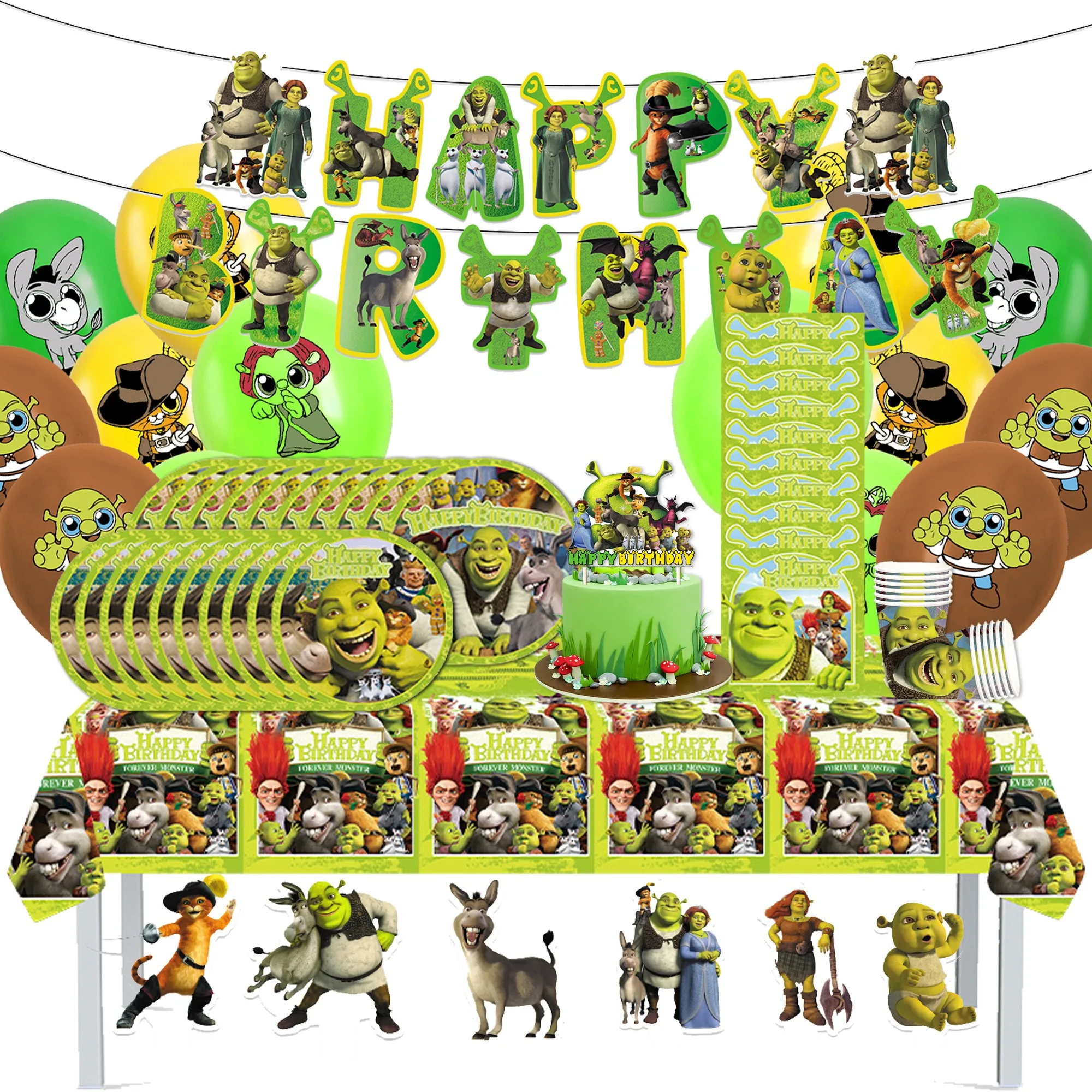 Suministros de fiesta de cumpleaños de película Shrek, pancarta desechable para pastel, bandera colgante de halloween, globos de monstruo Shrek, Decoración de cumpleaños