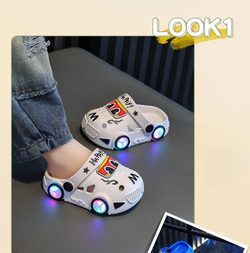 Kinder-Slipper Sommer Neu Jungen Autoform mit Leuchträdern Rutschfest Weiche Sohle Baby Mädchen Strand-Slipper – Detail 6