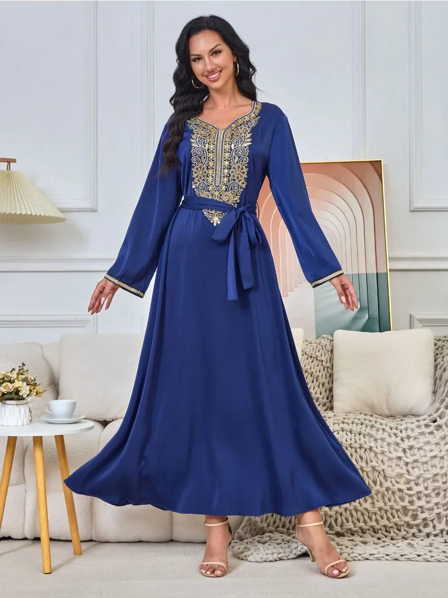 Embroidery Muslim Party Dress Women Abaya Eid Ramadan Vestidos Largos Dubai Robe Jalabiya Long Dress Belt Morocco Kaftan 2024